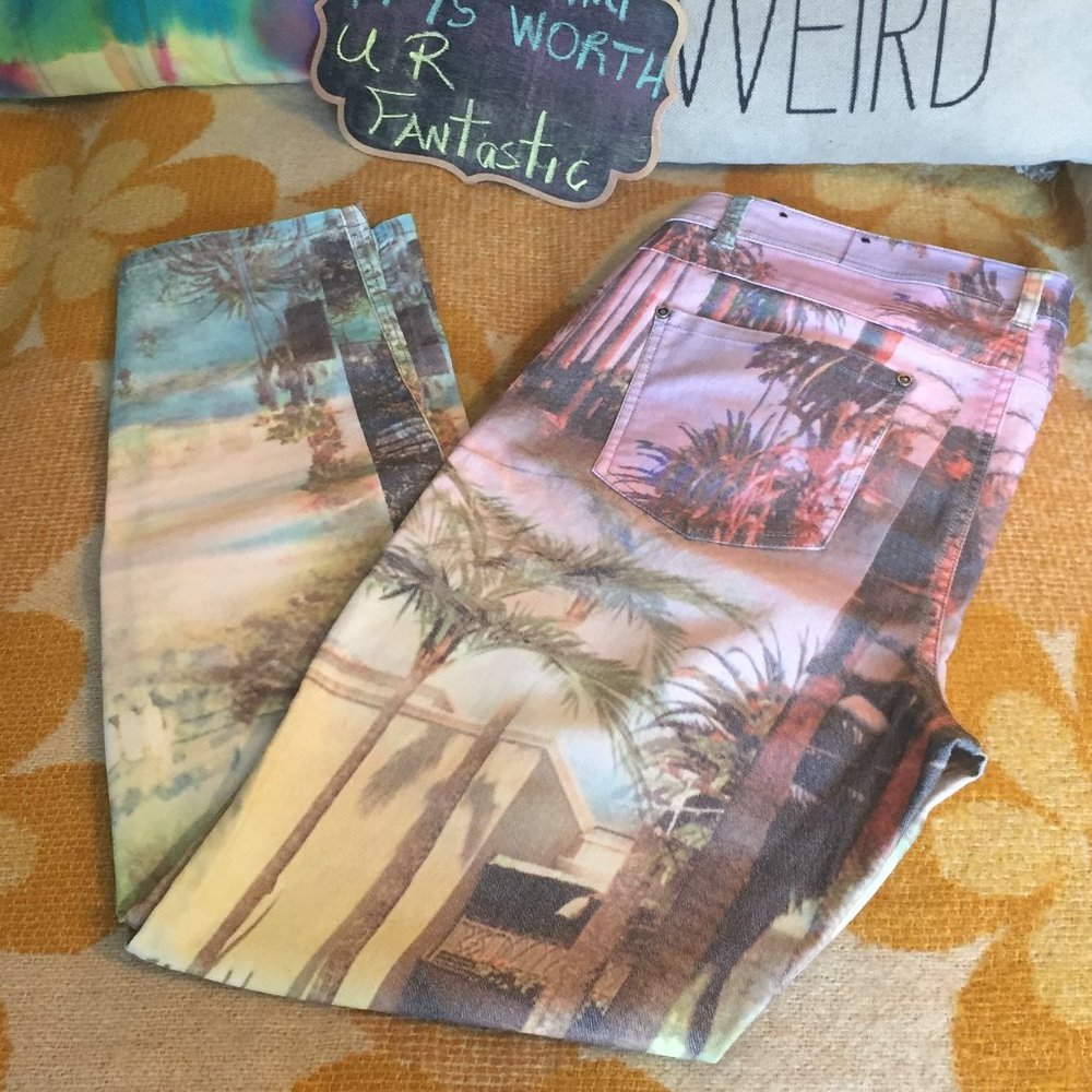 Tribal Travel Print Jeans - High-Rise Straight Leg - Size14 - Picture 3 of 13